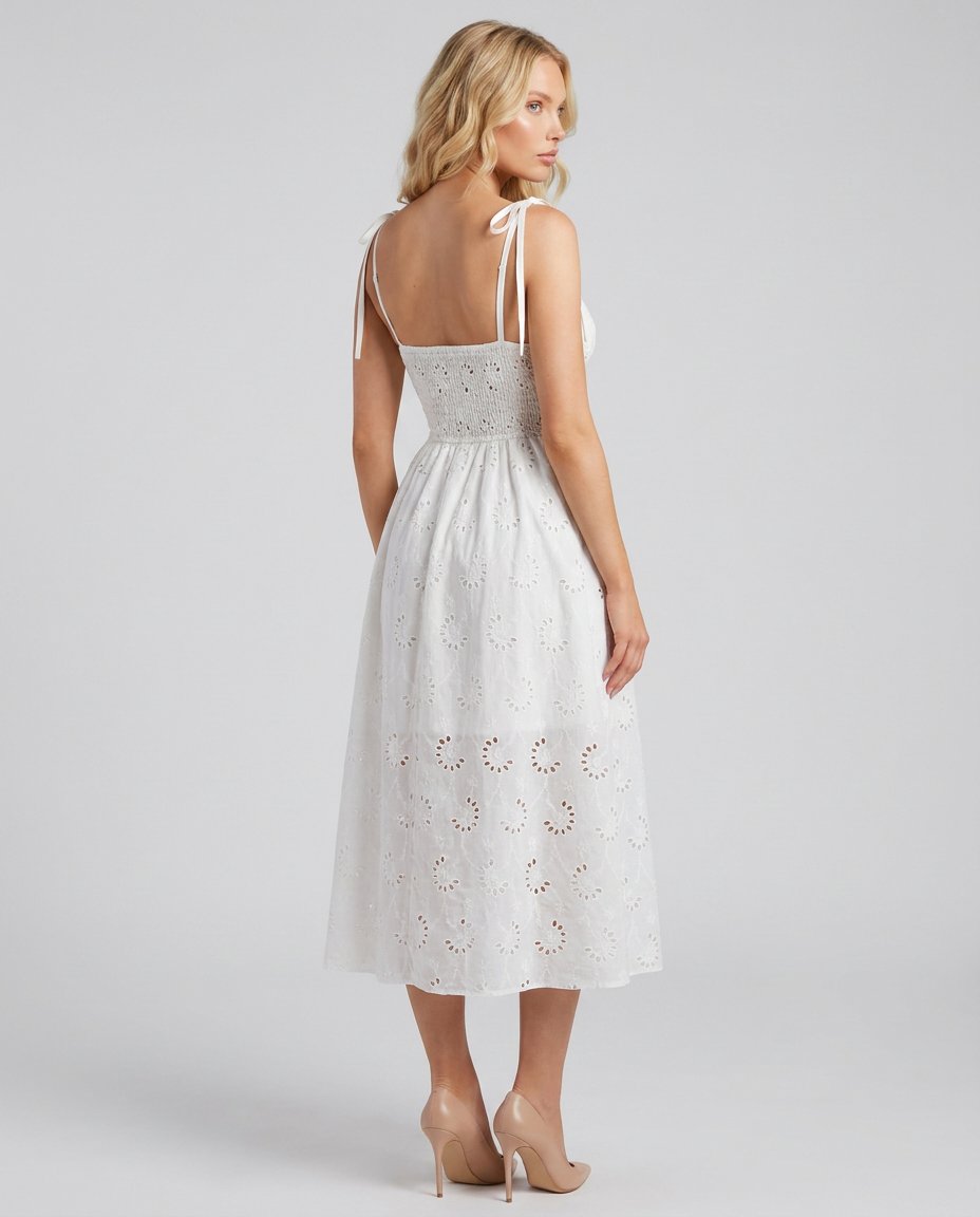 Rochie de vară albă pentru femei cu dantelă brodată, funde la umeri și design romantic, realizată din material premium Made in Italy. Rochie elegantă midi, potrivită pentru cununie civilă, botez, petreceri, vacanțe, ieșiri în oraș și ținute feminine de sezon.