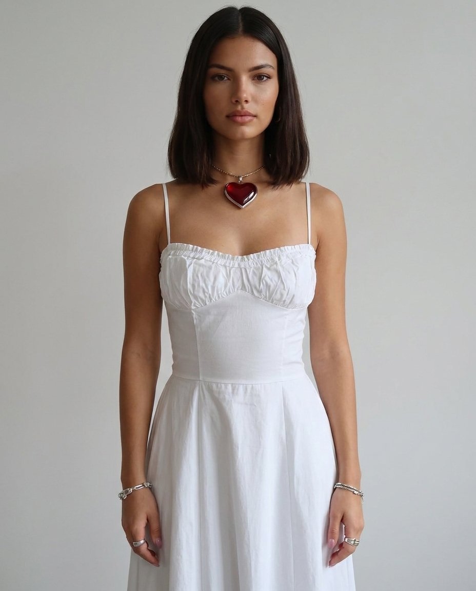 Rochie de vară albă Made in Italy pentru femei, cu bust delicat fronsat, bretele subțiri și croială midi vaporoasă care avantajează silueta. Ideală pentru cununie civilă, botez, vacanțe, brunch, ieșiri în oraș și petreceri elegante în aer liber.