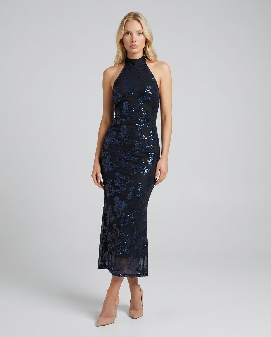 Rochie midi de ocazie cu paiete albastre pentru damă, cu decolteu halter, model floral strălucitor și spate descoperit, perfectă pentru nunți, botezuri, baluri, cocktail-uri, gale și evenimente elegante. Rochie de seară pentru femei cu croială feminină și aspect sofisticat.