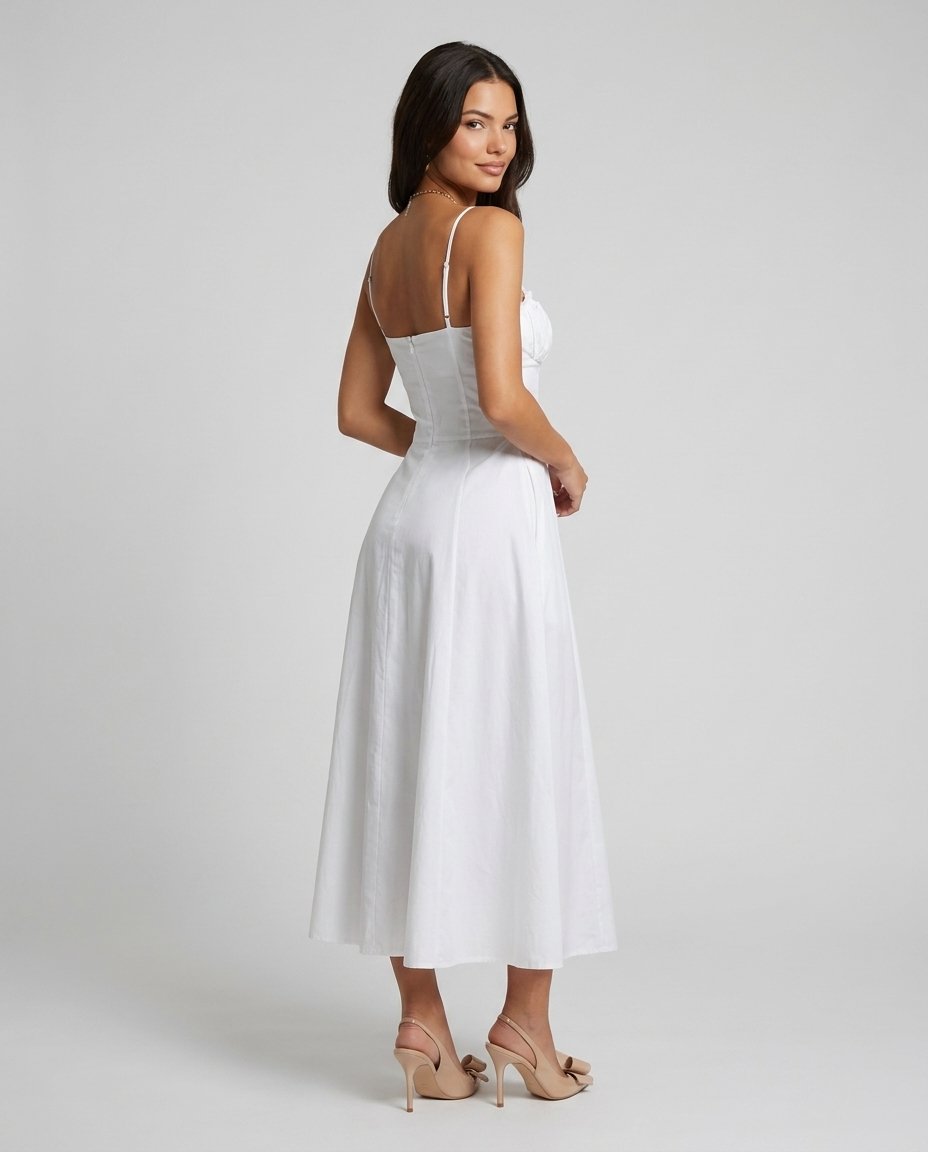 Rochie midi albă pentru femei, cu bust încrețit, bretele fine și talie evidențiată, realizată în Italia din material ușor și confortabil. Rochie de vară elegantă, potrivită pentru vacanțe, city break, petreceri, botezuri și ținute romantice de zi.