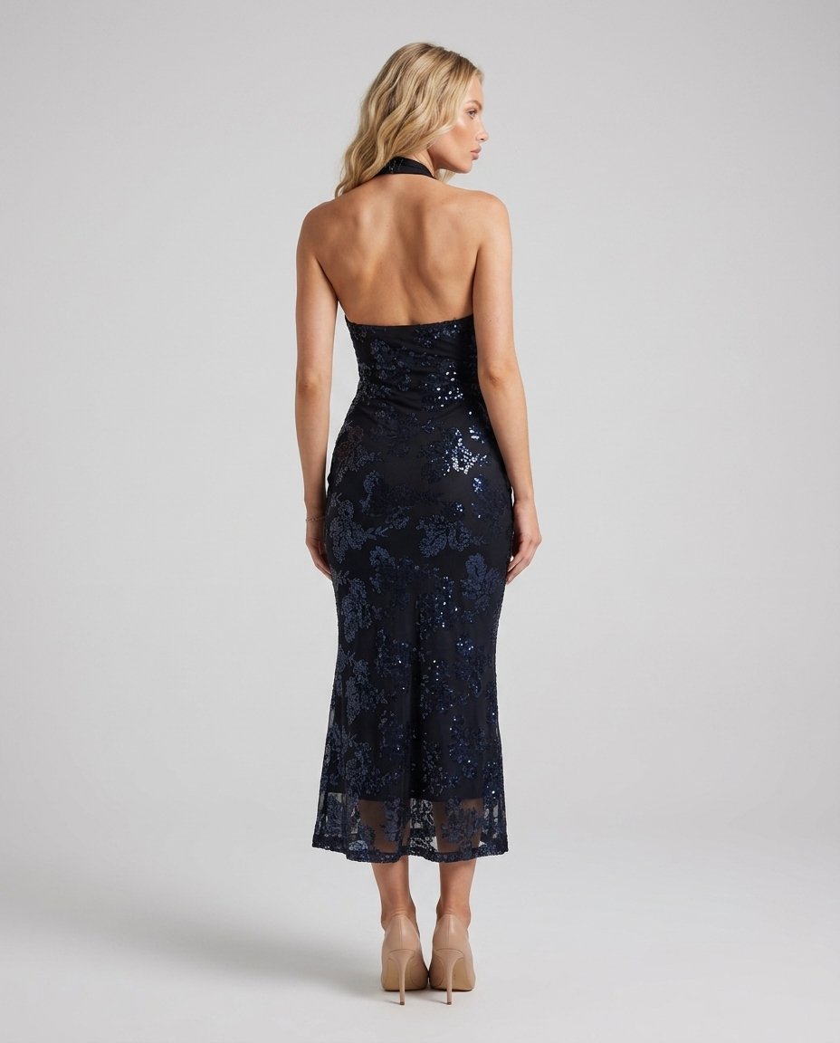 Rochie midi albastră cu paiete pentru femei, cu decolteu halter, model floral elegant și croială mulată care evidențiază silueta. Rochie de ocazie pentru damă, ideală pentru petreceri, aniversări, Revelion, banchete, cununie civilă și ținute glamour de seară.