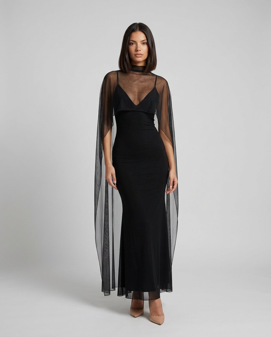Rochie lungă de seară neagră pentru damă, cu croială mulată și inserții din voal transparent pe mâneci și partea inferioară, perfectă pentru nunți, gale, baluri, cocktail-uri și evenimente speciale. Rochie maxi elegantă pentru femei cu design sofisticat și siluetă feminină.