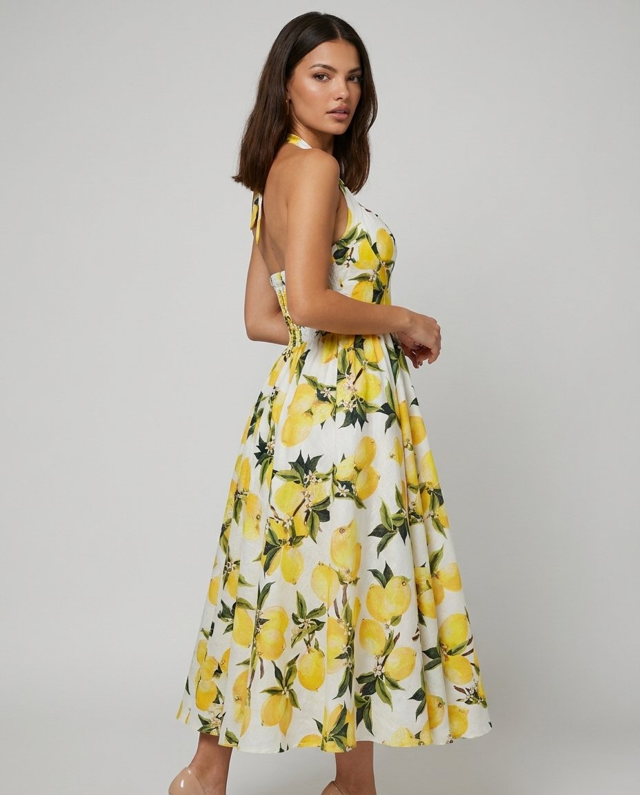 Rochie midi de vară cu imprimeu lămâi pentru damă, decolteu halter și spate descoperit, inspirată de Coasta Amalfi și fabricată în Italia. Rochie elegantă pentru femei, perfectă pentru vacanțe, plimbări, brunch-uri, petreceri în aer liber și ținute de vară rafinate.