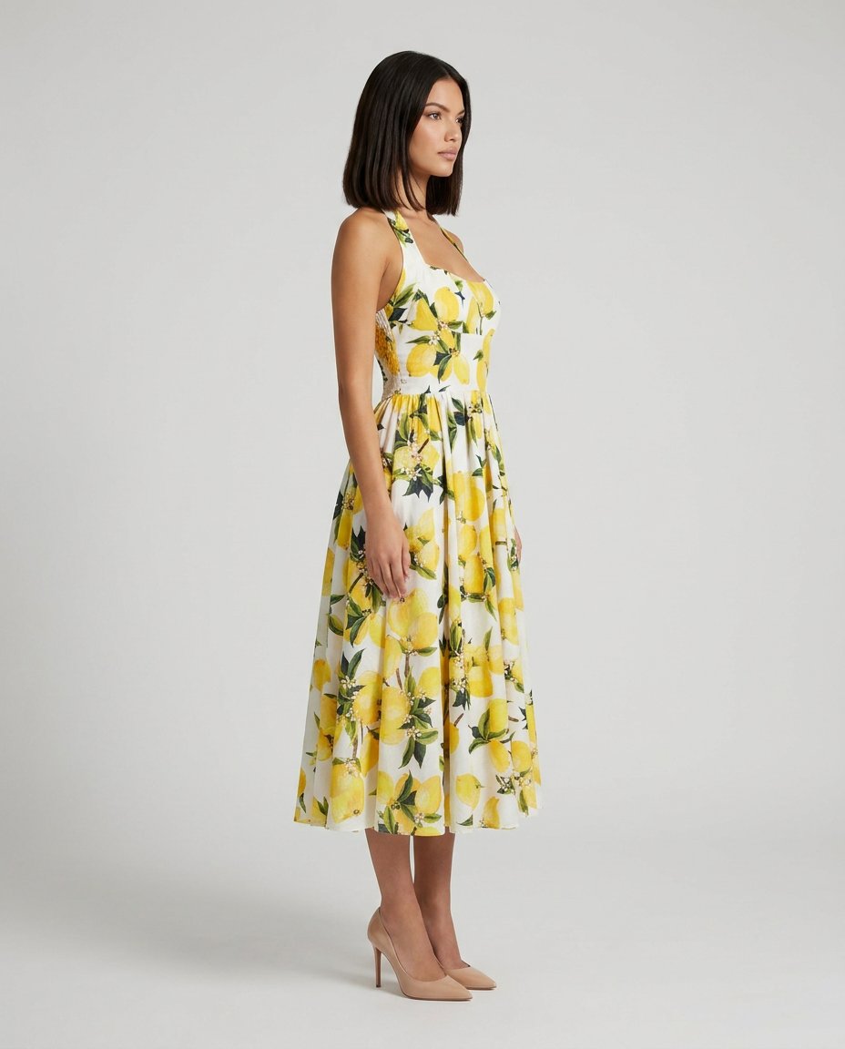 Rochie midi elegantă cu imprimeu lămâi inspirat de Amalfi, decolteu halter și croială feminină, confecționată Made in Italy. Rochie pentru femei cu design mediteranean, ideală pentru vară, concedii, evenimente în aer liber, garden party și ținute casual chic.
