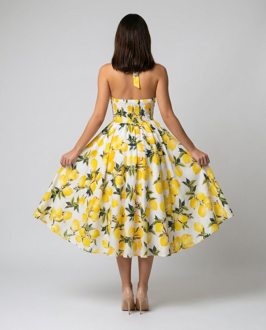 Rochie damă cu imprimeu lămâi, lungime midi, decolteu halter și fustă amplă care oferă confort și libertate de mișcare. Rochie Made in Italy pentru femei, perfectă pentru vacanțe, plimbări pe faleză, brunch-uri, petreceri de vară și garderoba sezonului cald.