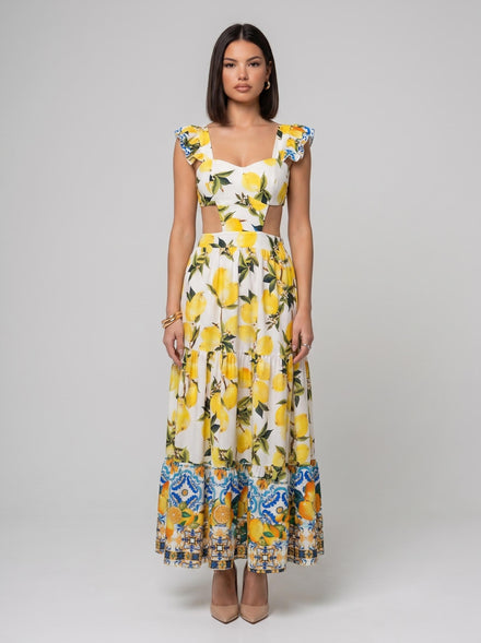 Rochie lungă de vară cu imprimeu lămâi Amalfi pentru damă, decupaje elegante în talie și fustă amplă cu volane vaporoase, fabricată în Italia. Rochie maxi pentru femei, perfectă pentru vacanțe, plimbări, petreceri în aer liber, nunți de zi și evenimente estivale.