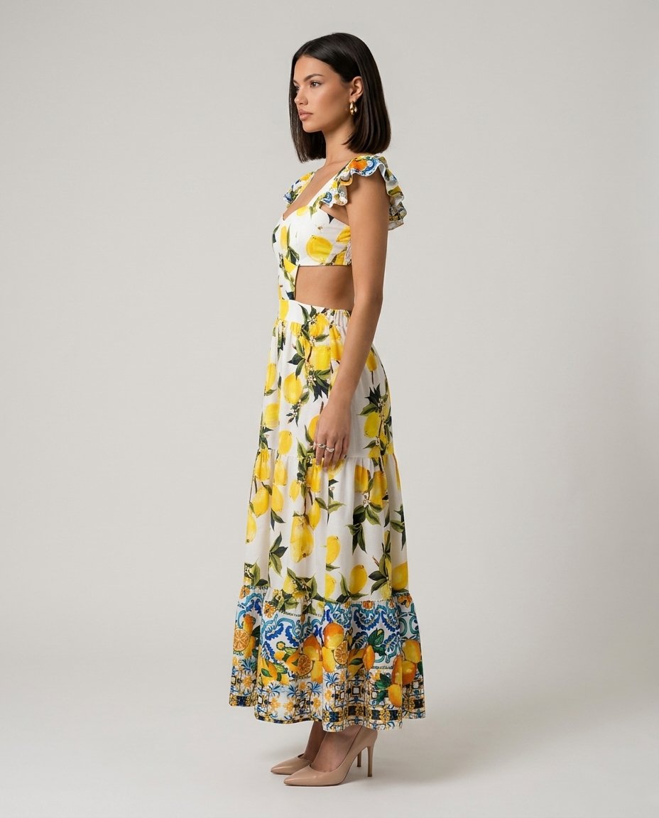 Rochie damă cu imprimeu lămâi Amalfi, lungime maxi, croială lejeră, decupaje elegante în talie și material ușor, perfectă pentru zilele călduroase. Rochie Made in Italy pentru femei, ideală pentru vacanțe în Italia, plimbări, botezuri, brunch-uri și evenimente de vară.