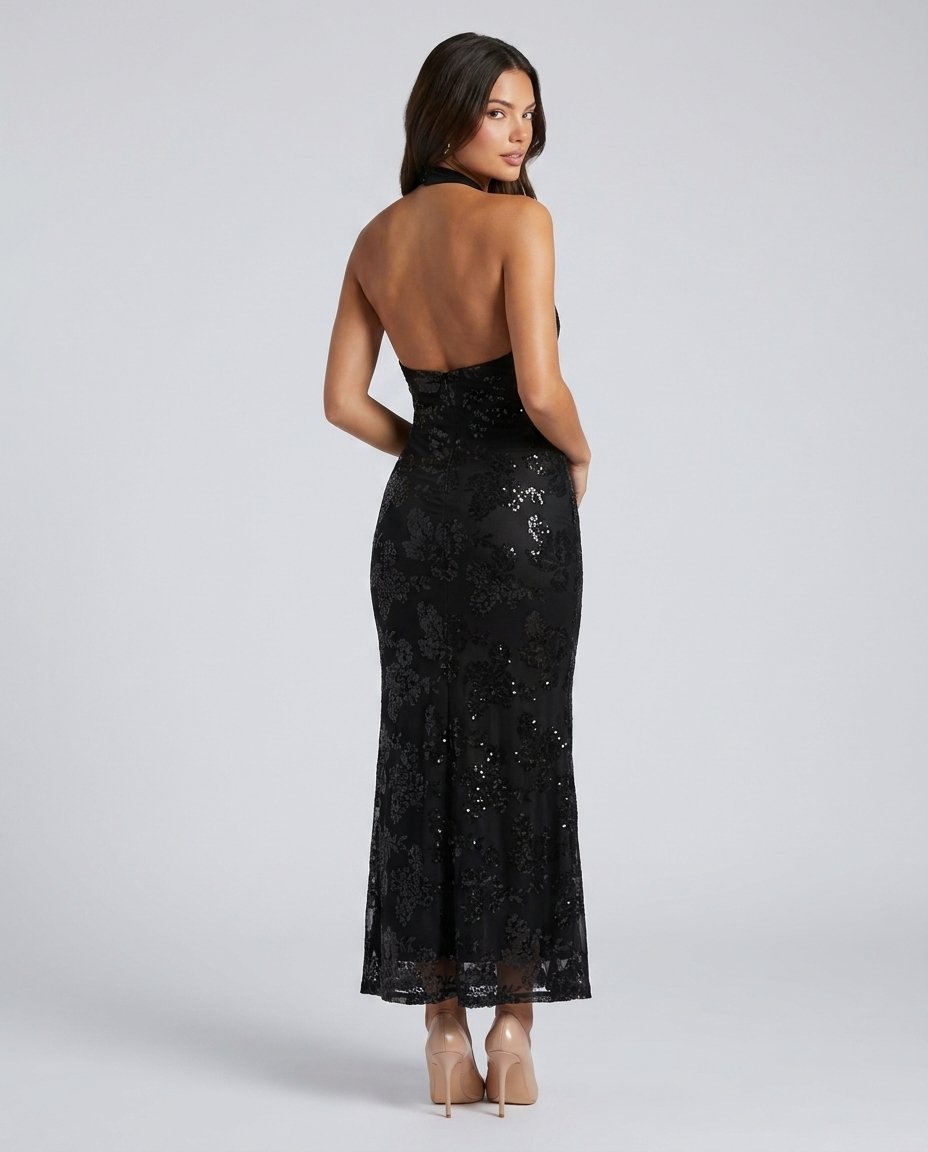 Rochie elegantă neagră cu paiete pentru femei, decorată cu model floral premium, decolteu halter și croială midi care pune în valoare talia și silueta. Rochie pentru damă, potrivită pentru gale, petreceri exclusiviste, cocktail-uri și recepții elegante.