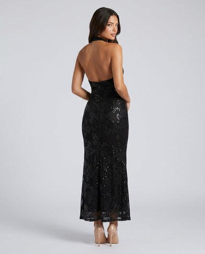 Rochie elegantă neagră cu paiete pentru femei, decorată cu model floral premium, decolteu halter și croială midi care pune în valoare talia și silueta. Rochie pentru damă, potrivită pentru gale, petreceri exclusiviste, cocktail-uri și recepții elegante.