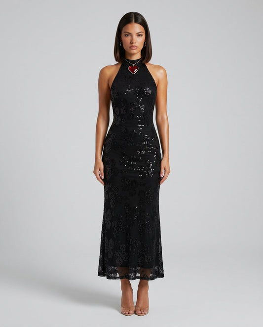Rochie midi de ocazie cu paiete negre pentru damă, decorată cu model floral strălucitor, decolteu halter și spate descoperit, perfectă pentru nunți, gale, baluri, cocktail-uri și evenimente speciale. Rochie elegantă pentru femei cu croială mulată și design sofisticat.