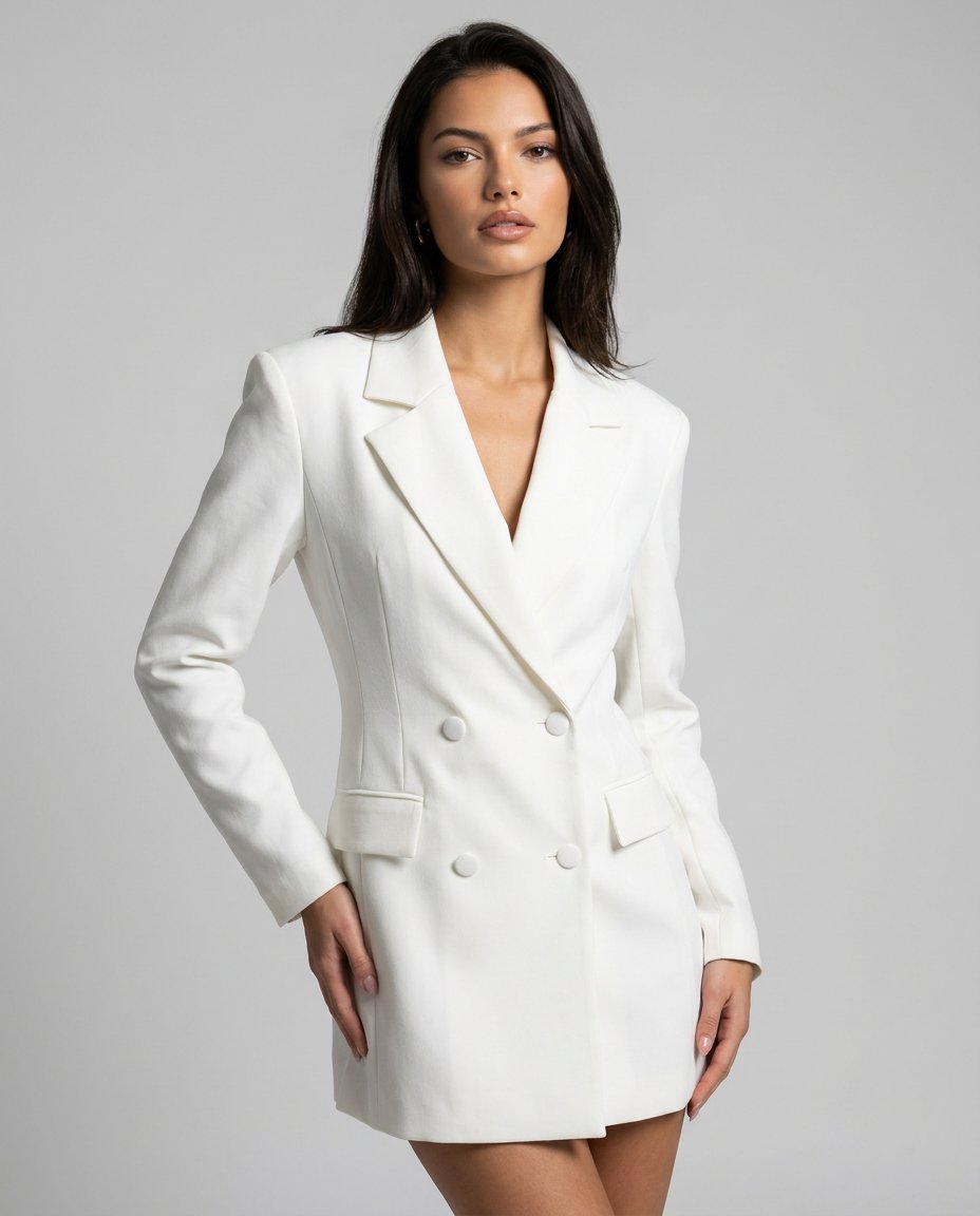 Rochie albă tip sacou pentru damă, realizată în Italia, cu croială feminină, talie reglabilă și design inspirat din blazerul clasic. Rochie premium pentru femei, recomandată pentru cununii civile, nunți, birou, petreceri și evenimente elegante.