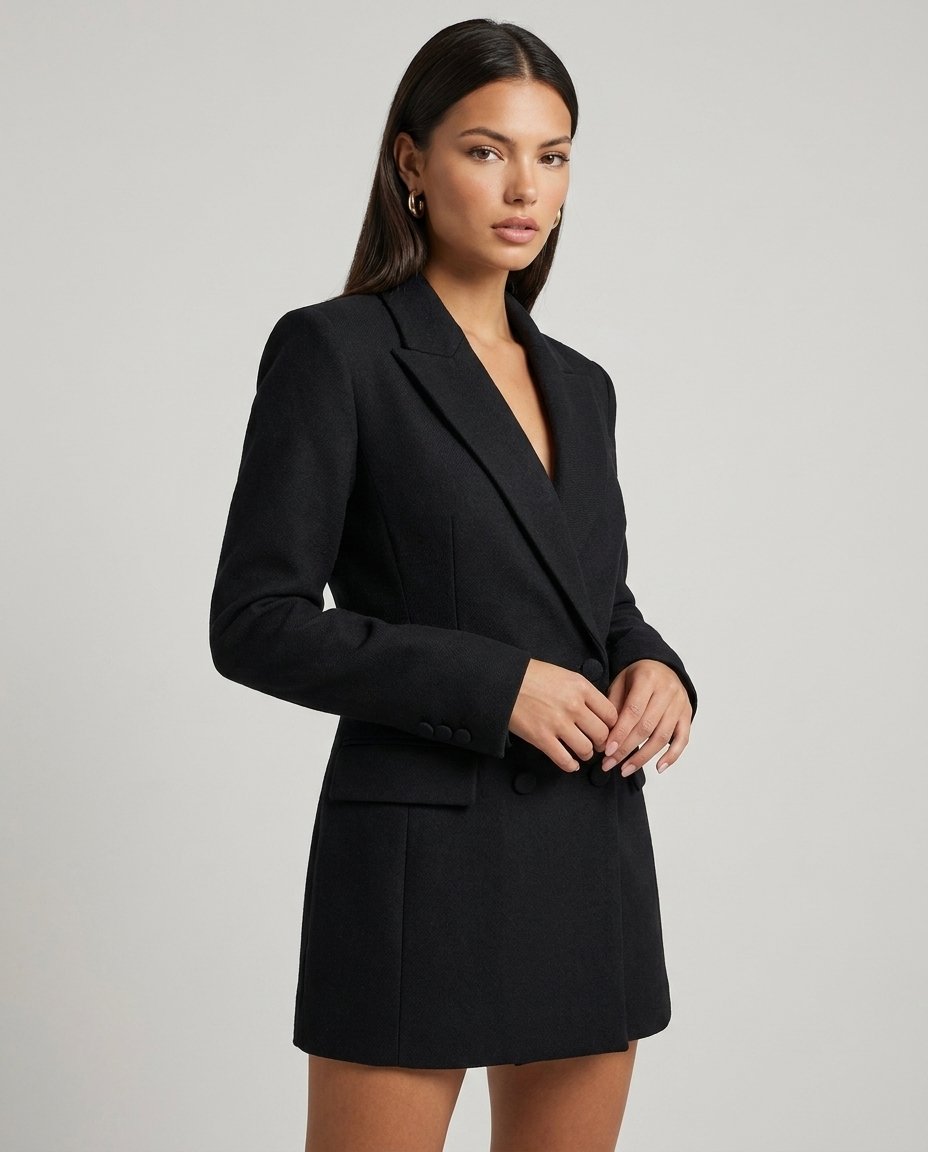 Rochie blazer neagră Made in Italy pentru femei, cu nasturi dubli, rever clasic, decolteu în V și talie ajustabilă care evidențiază armonios silueta. Rochie elegantă pentru damă, perfectă pentru recepții, întâlniri business și evenimente rafinate.