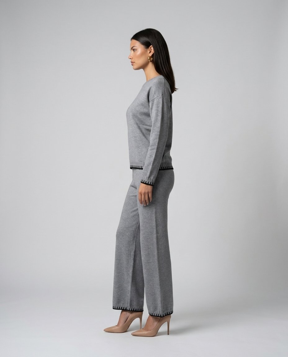 Compleu gri tricotat pentru damă, cu bluză lejeră și pantaloni comozi cu talie elastică, creat pentru un echilibru perfect între confort și eleganță. Set pentru femei, potrivit pentru lounge, plimbări, călătorii, office casual și ținute moderne.
