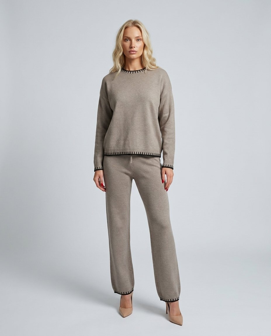 Set lounge tricot taupe pentru damă, format din bluză lejeră și pantaloni lungi cu talie elastică și șnur reglabil, completat de detalii contrastante moderne. Compleu casual pentru femei, ideal pentru ținute de zi, călătorii, plimbări și confort zilnic.