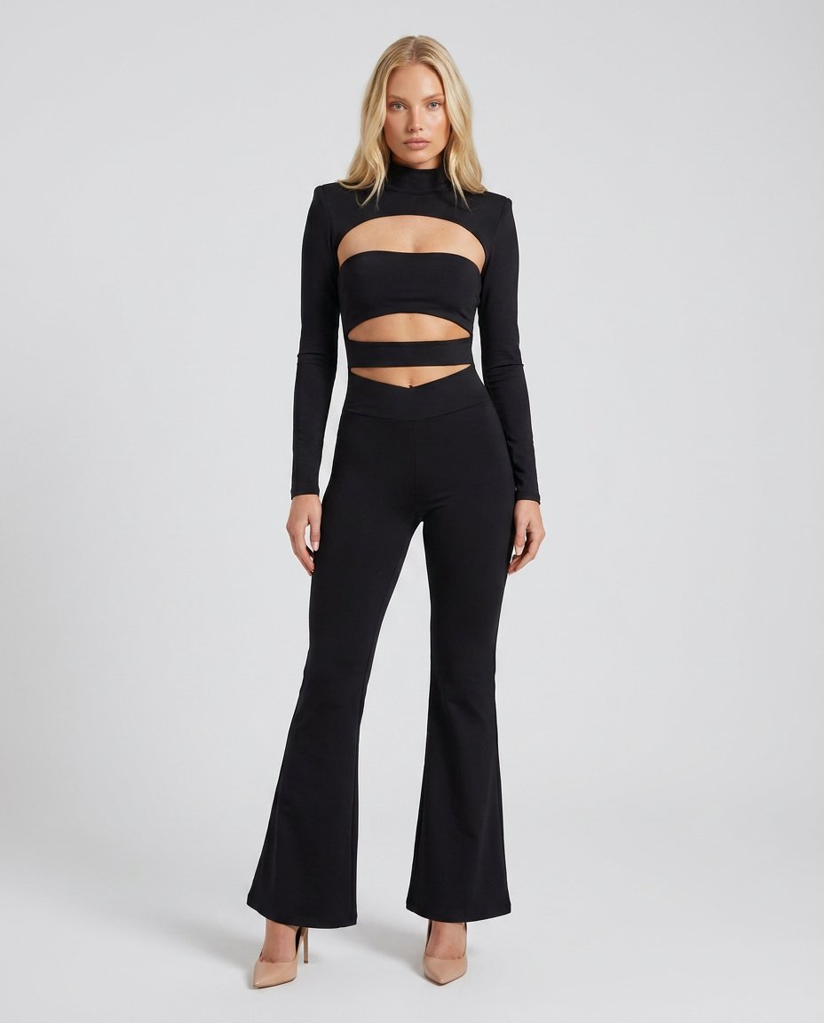 Compleu negru pentru femei cu pantaloni lungi evazați, top scurt decupat și bolero asortat, realizat din material elastic și confortabil. Set damă elegant și modern, perfect pentru outfituri de seară, petreceri, aniversări, concerte, festivaluri și evenimente casual glamour.
