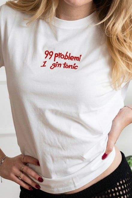 Tricou damă din bumbac alb cu mesaj Gin Tonic și scris roșu