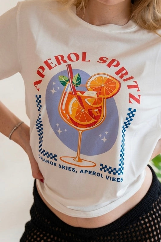 Tricou damă din bumbac alb cu imprimeu Aperol Spritz și scris roșu