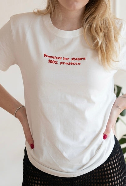 Tricou damă din bumbac alb cu mesaj Previsioni Prosecco