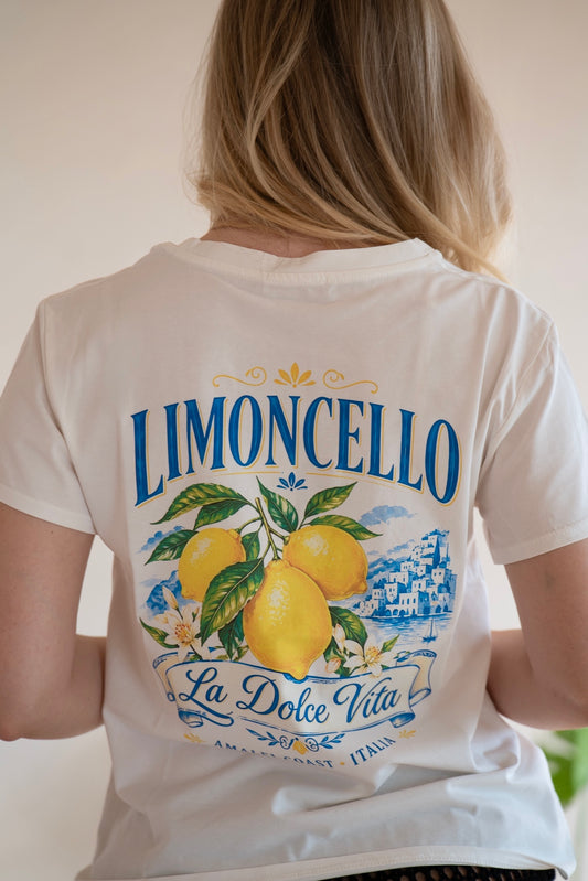 Tricou damă din bumbac alb cu imprimeu Limoncello Amalfi pe spate, Made in Italy