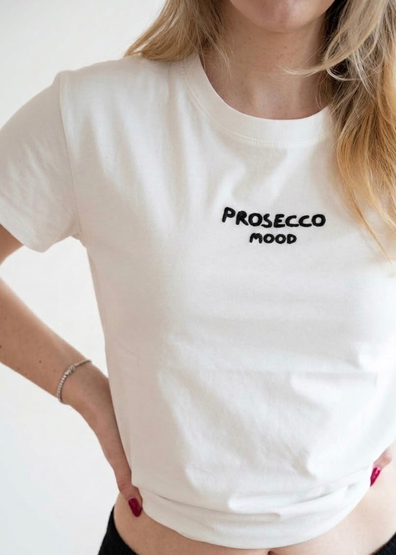 Tricou damă din bumbac alb cu mesaj Prosecco Mood și scris negru