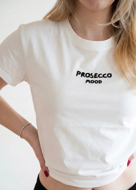 Tricou damă din bumbac alb cu mesaj Prosecco Mood și scris negru