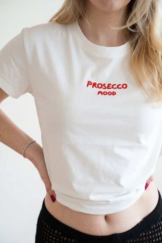 Tricou damă din bumbac alb cu mesaj Prosecco Mood și scris roșu
