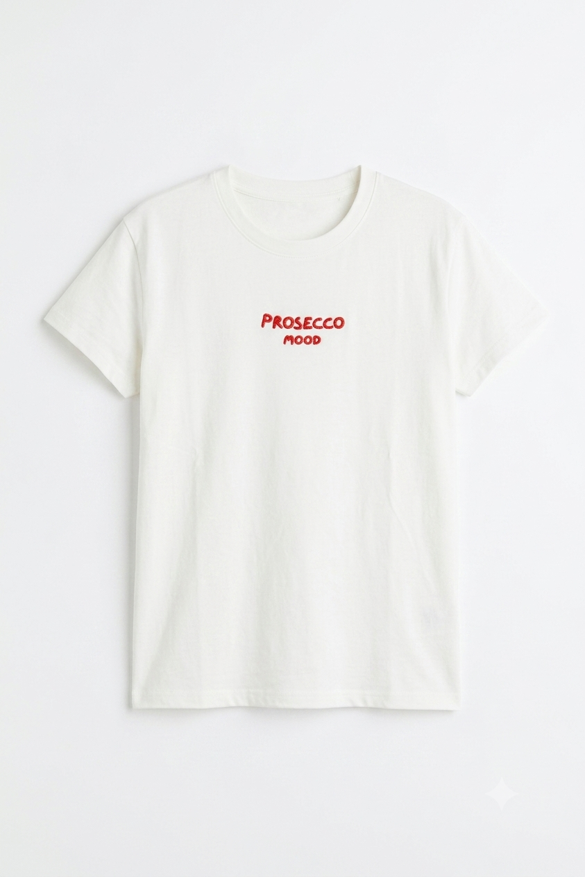 Tricou alb pentru damă cu mesaj Prosecco Mood și scris roșu