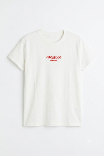 Tricou alb pentru damă cu mesaj Prosecco Mood și scris roșu